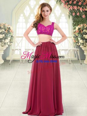 Wine Red Two Pieces Chiffon Straps Sleeveless Beading and Lace Floor Length Zipper Prom Dresses