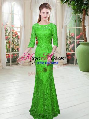 Extravagant Green Zipper Prom Dresses Lace Half Sleeves Floor Length