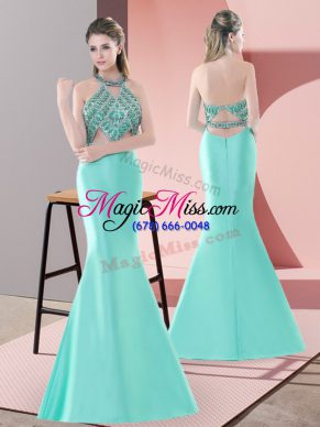 Trendy Blue and Apple Green Two Pieces Satin Halter Top Sleeveless Beading Backless Evening Dress Sweep Train