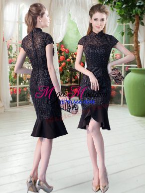 Knee Length Zipper Prom Gown Black for Prom and Party with Lace