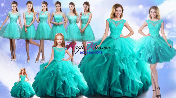 Aqua Blue Ball Gowns Scoop Cap Sleeves Beading Lace Up Ball Gown Prom Dress