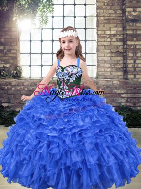 Dramatic Blue Ball Gowns Organza Straps Sleeveless Embroidery and Ruffles Floor Length Lace Up Custom Made Pageant Dress