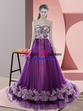 Purple Lace Up Evening Dresses Appliques Sleeveless Sweep Train
