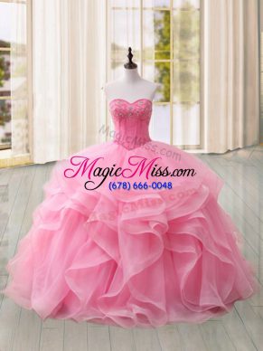 Smart Pink Ball Gowns Beading and Ruffles Sweet 16 Dress Lace Up Tulle Sleeveless