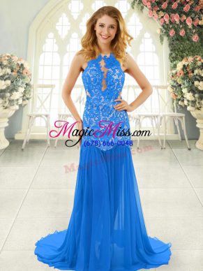 Cute Chiffon Scoop Sleeveless Brush Train Backless Lace Prom Gown in Blue