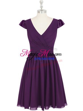 Flare Purple Empire V-neck Cap Sleeves Chiffon Mini Length Zipper Ruching Prom Evening Gown