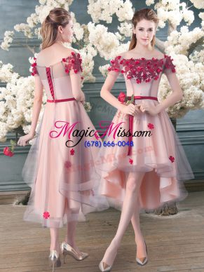 Beauteous Pink A-line Appliques Dress for Prom Lace Up Tulle Short Sleeves High Low