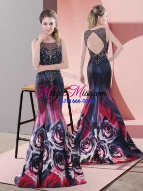 Multi-color Evening Dress Prom and Party with Beading Scoop Sleeveless Sweep Train Backless