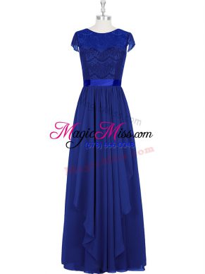 Royal Blue Cap Sleeves Floor Length Lace Zipper Evening Dress