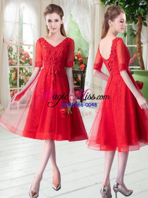 Elegant Red A-line V-neck Half Sleeves Tulle Knee Length Lace Up Beading and Appliques Prom Gown
