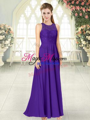 Floor Length Purple Prom Dresses Chiffon Sleeveless Lace