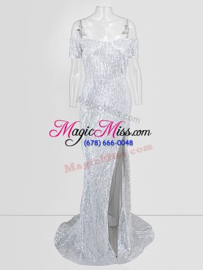 Sexy Off The Shoulder Short Sleeves Prom Dresses Sweep Train Sequins Silver