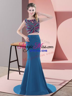 Super Satin Scoop Sleeveless Sweep Train Backless Beading Prom Dresses in Teal