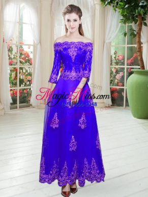 Purple Off The Shoulder Lace Up Lace Dress for Prom 3 4 Length Sleeve
