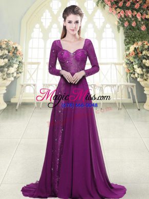Perfect Purple Prom Dress Prom and Party with Beading Sweetheart Long Sleeves Brush Train Zipper