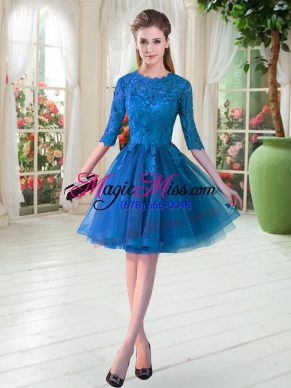 Classical Scalloped Half Sleeves Prom Dress Knee Length Lace Blue Tulle