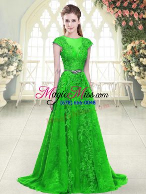 Green Tulle Zipper Scoop Cap Sleeves Prom Party Dress Beading and Lace and Pick Ups