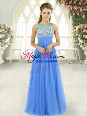 Blue Sleeveless Floor Length Beading Side Zipper Evening Dress