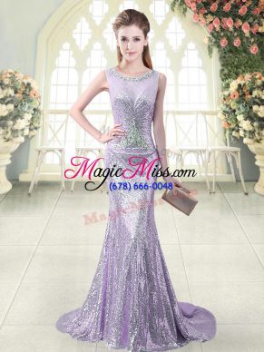 Scoop Sleeveless Brush Train Zipper Prom Gown Lavender Sequined