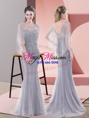 Tulle Scoop Half Sleeves Sweep Train Zipper Beading Going Out Dresses in Grey