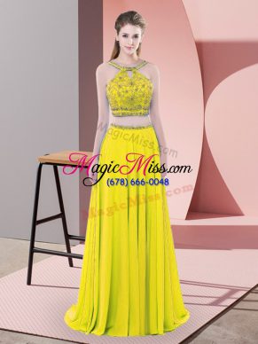 Fashion Yellow Sleeveless Chiffon Sweep Train Backless Prom Gown for Prom and Party