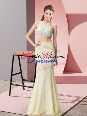 Artistic Floor Length Two Pieces Sleeveless Light Yellow Dress for Prom Backless