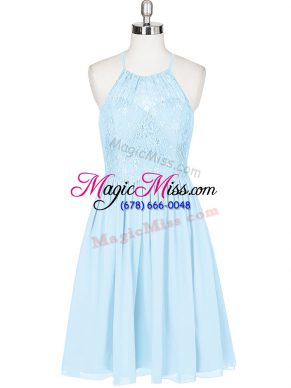 Best Selling Light Blue A-line Chiffon Halter Top Sleeveless Lace Mini Length Backless Prom Evening Gown