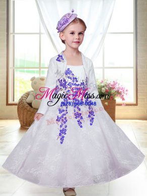 Straps Sleeveless Toddler Flower Girl Dress Ankle Length Embroidery White Lace