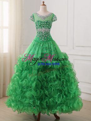Wonderful Green Cap Sleeves Beading and Ruffles Floor Length Pageant Dress for Teens