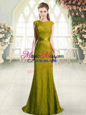 Glorious Mermaid Cap Sleeves Gold Dress for Prom Sweep Train Backless