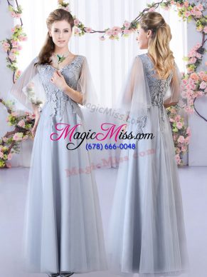 Nice Grey Sleeveless Appliques Floor Length Wedding Guest Dresses