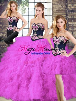 Customized Fuchsia Lace Up Sweetheart Beading and Embroidery Ball Gown Prom Dress Tulle Sleeveless