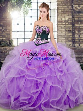Pretty Lavender Tulle Lace Up Vestidos de Quinceanera Sleeveless Sweep Train Embroidery and Ruffles