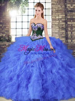 Hot Sale Sleeveless Tulle Floor Length Lace Up 15 Quinceanera Dress in Blue with Beading and Embroidery
