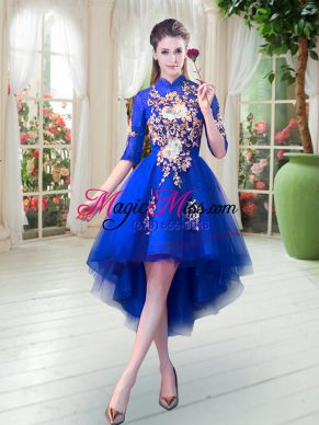 Extravagant Appliques Homecoming Dress Royal Blue Zipper Half Sleeves High Low