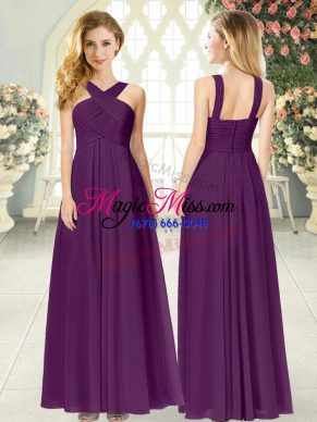 Purple Straps Zipper Ruching Prom Gown Sleeveless