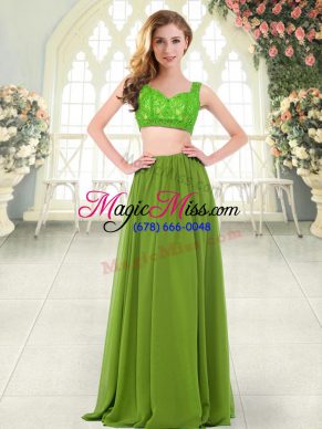 Olive Green Chiffon Zipper Evening Dress Sleeveless Floor Length Beading and Lace