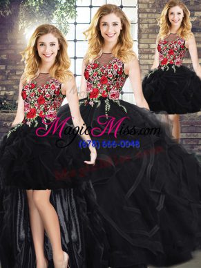 Cute Black Ball Gowns Scoop Sleeveless Floor Length Zipper Embroidery and Ruffles Sweet 16 Dress
