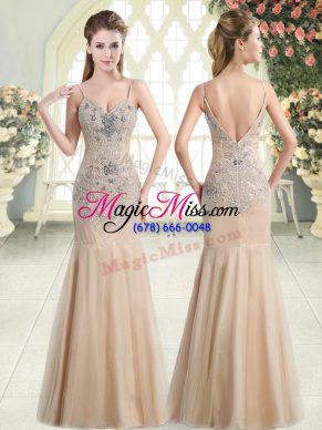 Great Sleeveless Floor Length Beading Zipper Prom Gown with Champagne