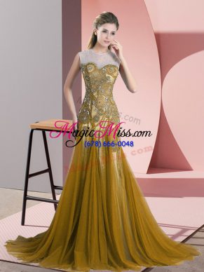 Modest Brown A-line Tulle Scoop Sleeveless Beading and Appliques Backless Evening Dress Sweep Train