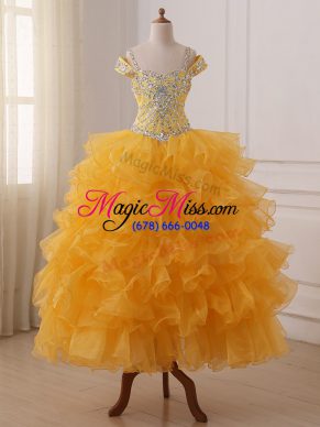 Customized Gold Custom Made Pageant Dress Wedding Party with Beading and Ruffled Layers Off The Shoulder Sleeveless Lace Up
