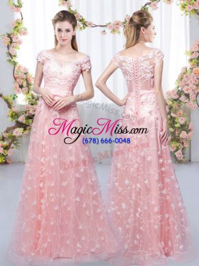 High Class Pink Cap Sleeves Tulle Lace Up Dama Dress for Prom and Party and Wedding Party