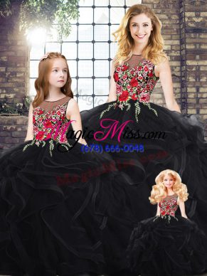Customized Sleeveless Zipper Floor Length Embroidery and Ruffles Quinceanera Gown