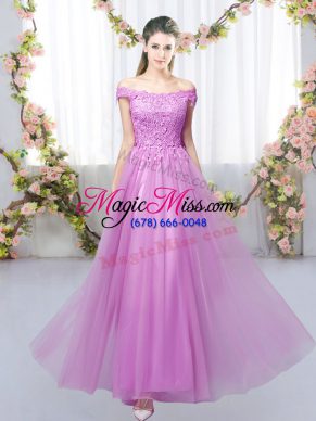 Sumptuous Off The Shoulder Sleeveless Court Dresses for Sweet 16 Floor Length Lace Lilac Tulle