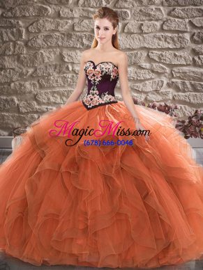 Adorable Sweetheart Sleeveless Lace Up Quinceanera Gown Orange Tulle