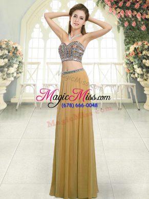 Gold Chiffon Backless Prom Party Dress Sleeveless Floor Length Beading