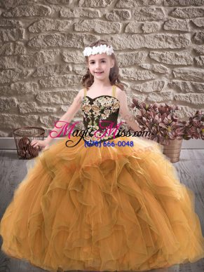 Modern Floor Length Ball Gowns Sleeveless Gold Little Girls Pageant Dress Lace Up