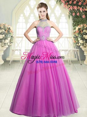 Cute Halter Top Sleeveless Zipper Prom Dress Pink Tulle