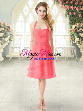 Flare Watermelon Red Chiffon Zipper Prom Gown Sleeveless Knee Length Ruching