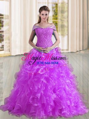 High End Sleeveless Organza Sweep Train Lace Up Ball Gown Prom Dress in Purple with Beading and Lace and Ruffles